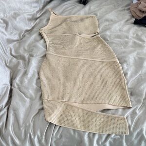 Bella Barnett Beige One-Shoulder Embellished Stretch Dress